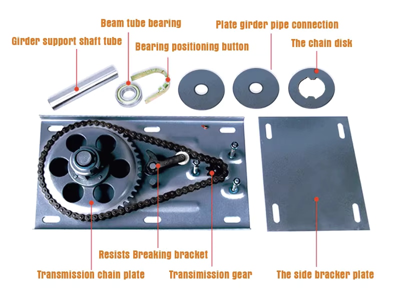 Supplier-provided annotated bracket plate and chain reference image; specifications pending confirmation